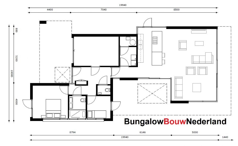 BBN ontwerp L58 bouwtekening grote bungalow prefab bouwsysteem plattegrond indeling