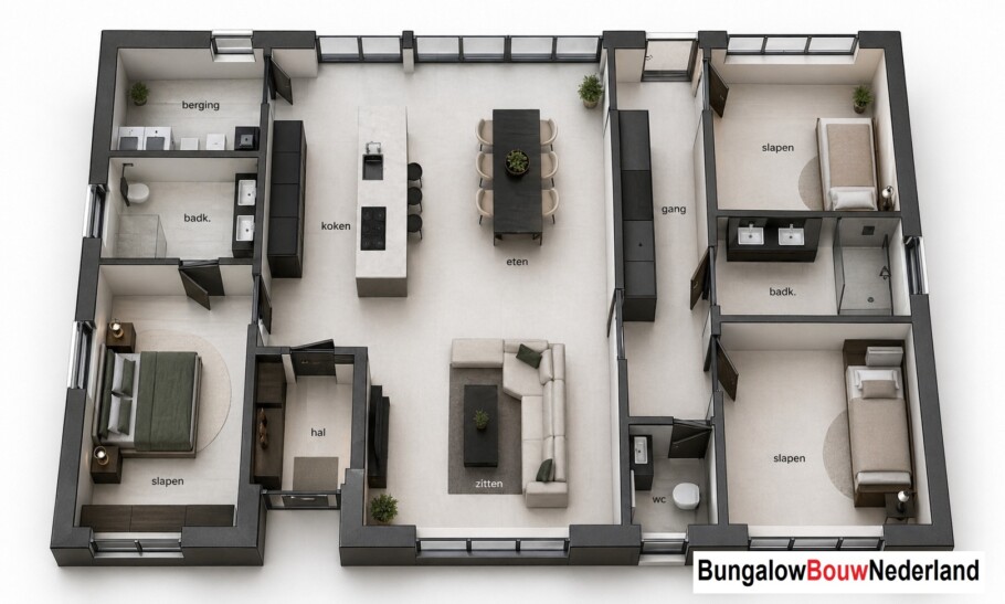 Bungalow Bouw Nederland ontwerp L 198 3 slaapkamers 2 badkamers