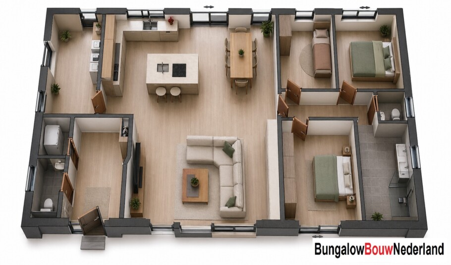 Bungalow Bouw Nederland ontwerp L 198 3 slaapkamers 2 badkamers
