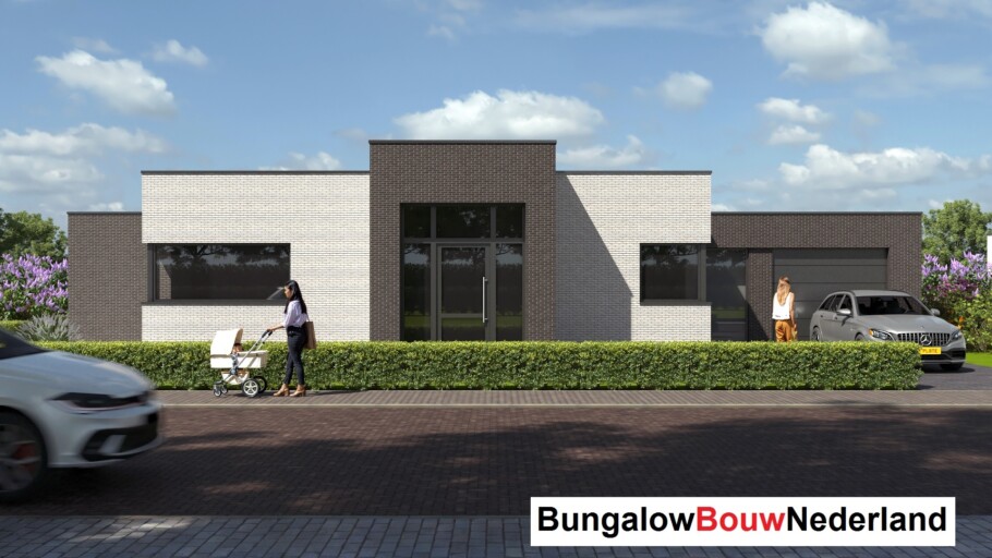 Moderne levensloopbestendige bungalow type A-192 met plat dak van BungalowBouw Nederland, gebouwd met een energiezuinige en circulaire bouwmethode.