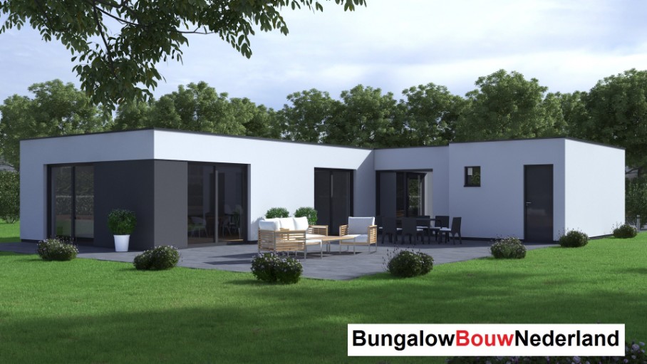 Bungalowbouw Nederland ATLANTA staalframebouw B178 gelijkvloerse woning met plat dak en grote berging