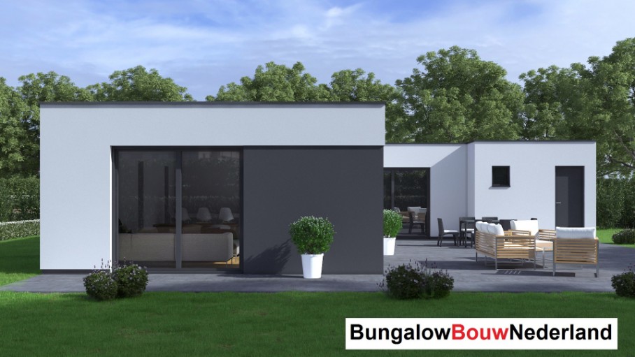 Bungalowbouw Nederland ATLANTA staalframebouw B178 gelijkvloerse woning met plat dak en grote berging