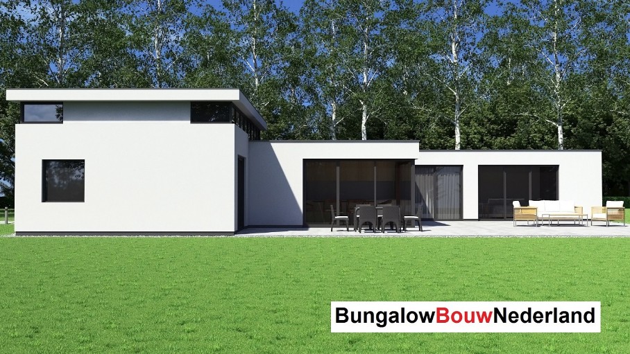 Bungalowbouw-Nederland B155 gelijksvloers modern hoog plafond veel glas energieneutraal