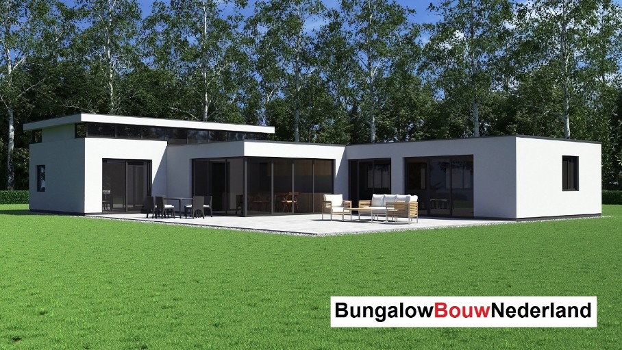 Bungalowbouw-Nederland B155 gelijksvloers modern hoog plafond veel glas energieneutraal