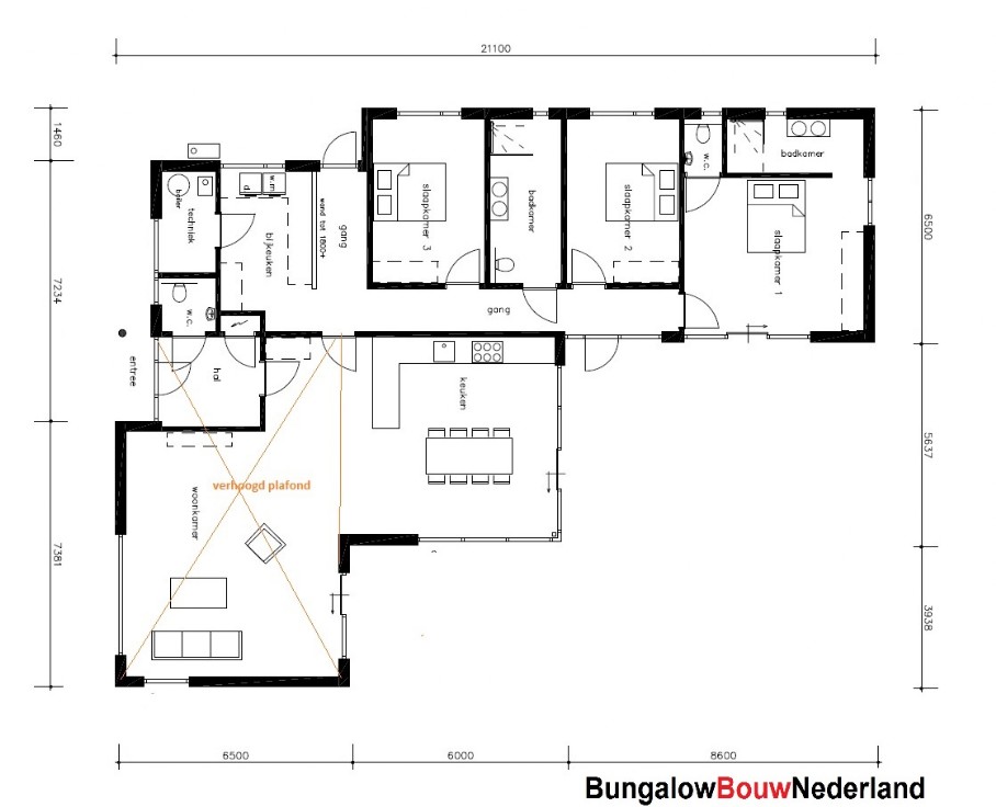 Bungalowbouw-Nederland B155 gelijksvloers modern hoog plafond veel glas energieneutraal