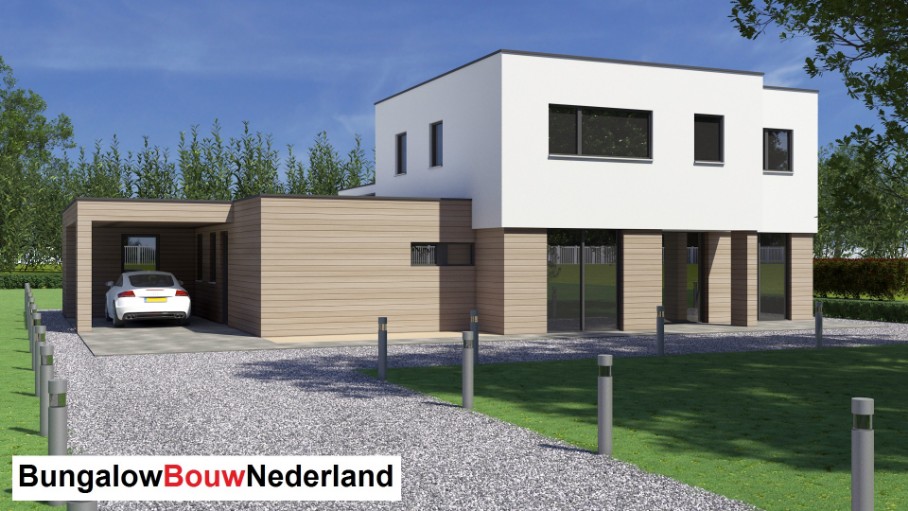 Bungalowbouw-Nederland H377 moderne kubistische levenloopbestendige villawoning met verdieping