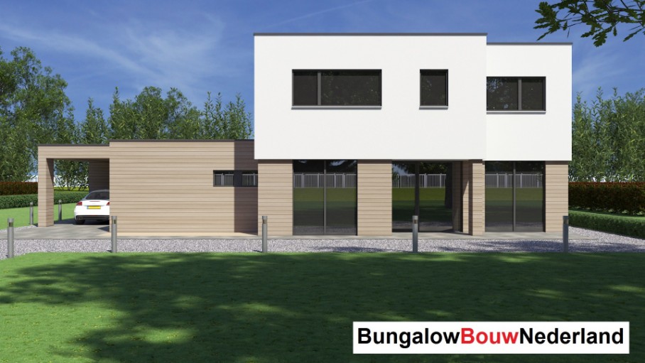 Bungalowbouw-Nederland H377 moderne kubistische levenloopbestendige villawoning met verdieping