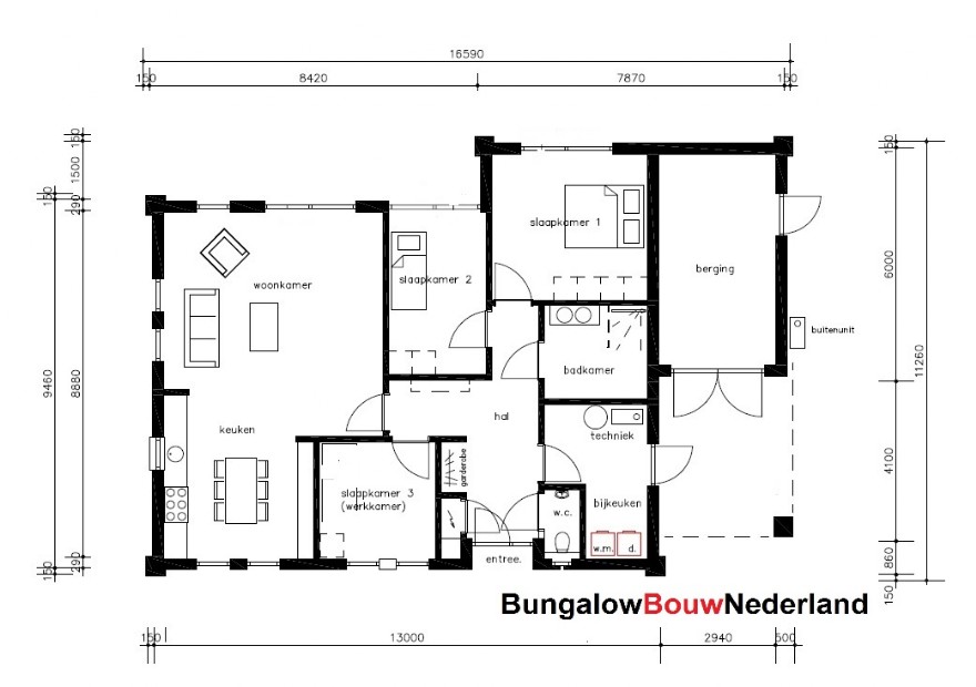 Bungalowbouw-Nederland L157 platdak bungalow bouwen staalframebouw 