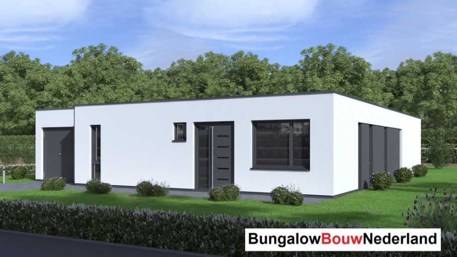 Bungalowbouw Nederland  staalframebouw B178 gelijkvloerse woning met plat dak en grote berging