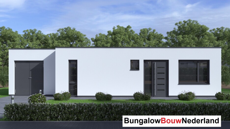 Bungalowbouw Nederland  staalframebouw B178 gelijkvloerse woning met plat dak en grote berging