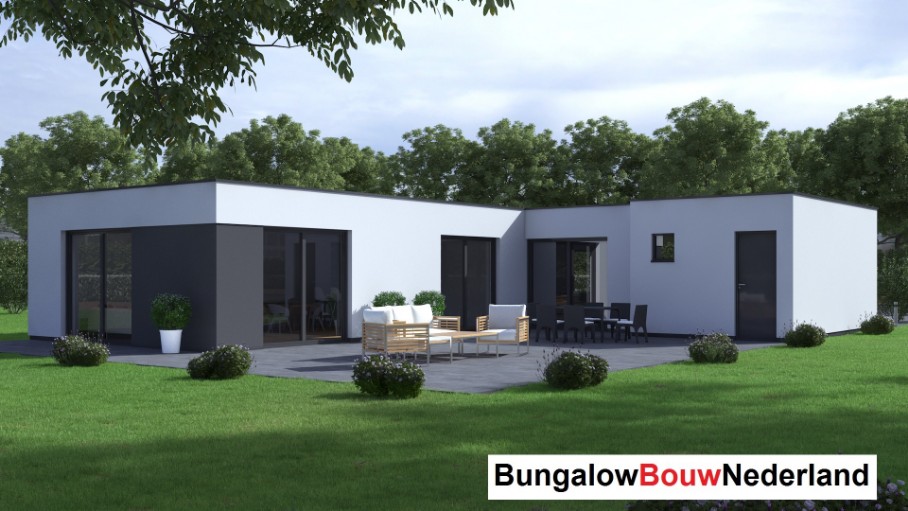 Bungalowbouw Nederland  staalframebouw B178 gelijkvloerse woning met plat dak en grote berging
