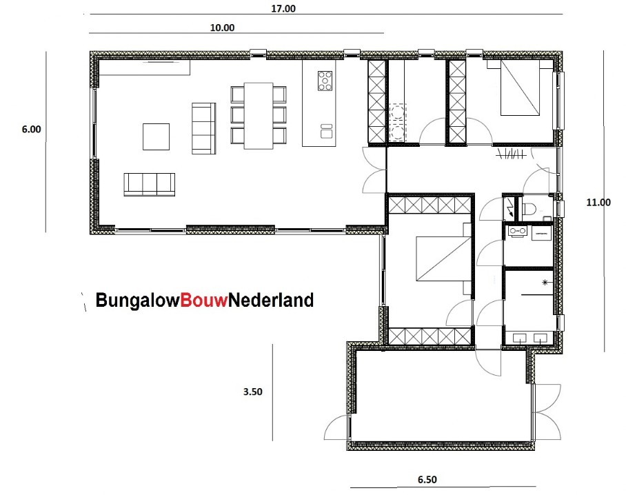 Bungalowbouw Nederland  staalframebouw B178 gelijkvloerse woning met plat dak en grote berging