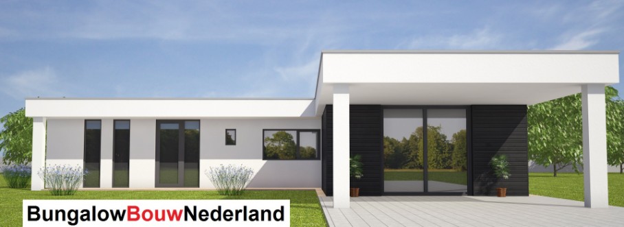 Bungalowbouwnederland.nl ontwerp L121 plat dak met veel glas en garage (4)