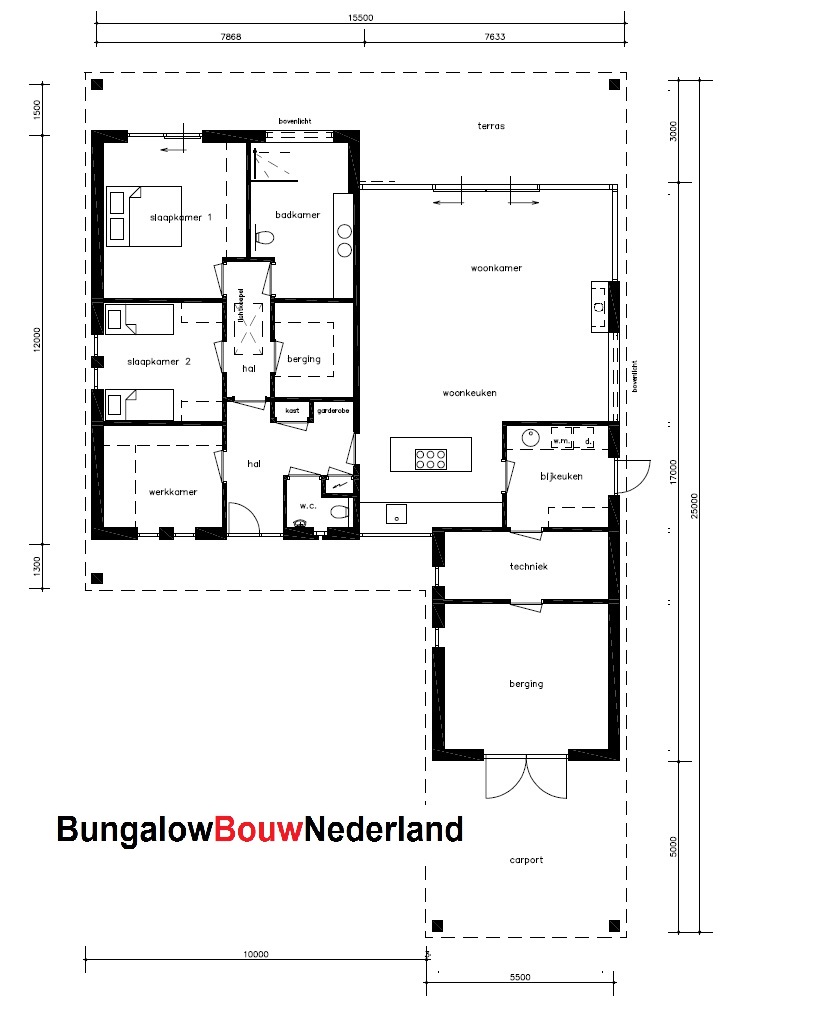 Bungalowbouwnederland.nl ontwerp L121 plat dak met veel glas en garage (4)