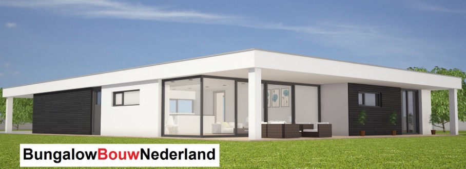 Bungalowbouwnederland.nl ontwerp L121 plat dak met veel glas en garage (4)