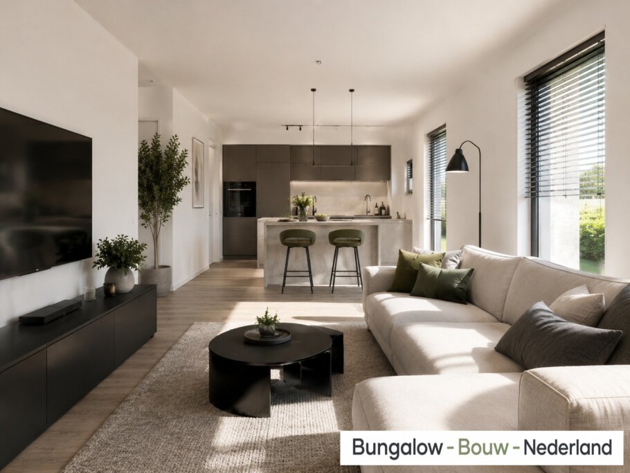 Interieur inspiratie voor bungalow L154 LK met plat dak en prefab staalframebouw constructie