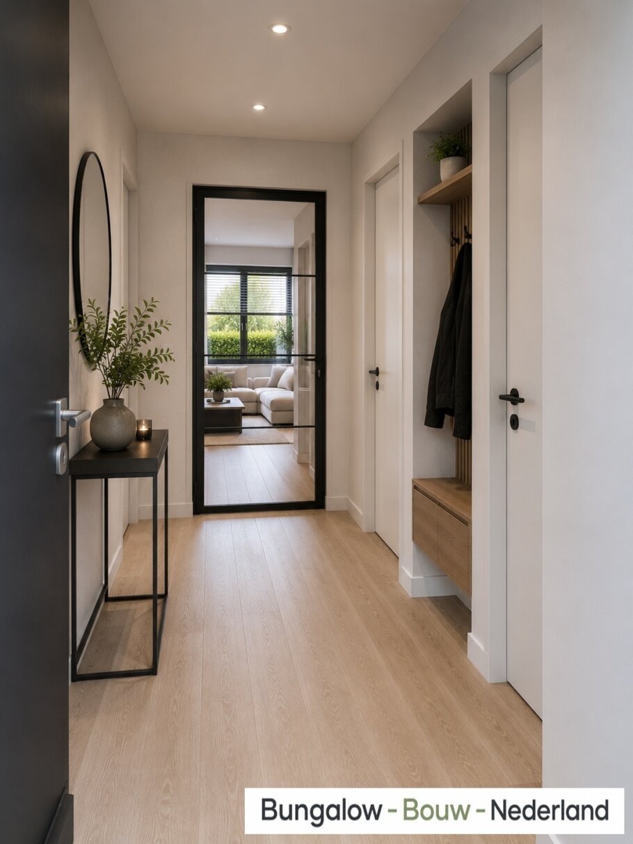 Modern interieur van bungalow L-60 met luxe woonkamer, leefkeuken, badkamer en slaapkamer