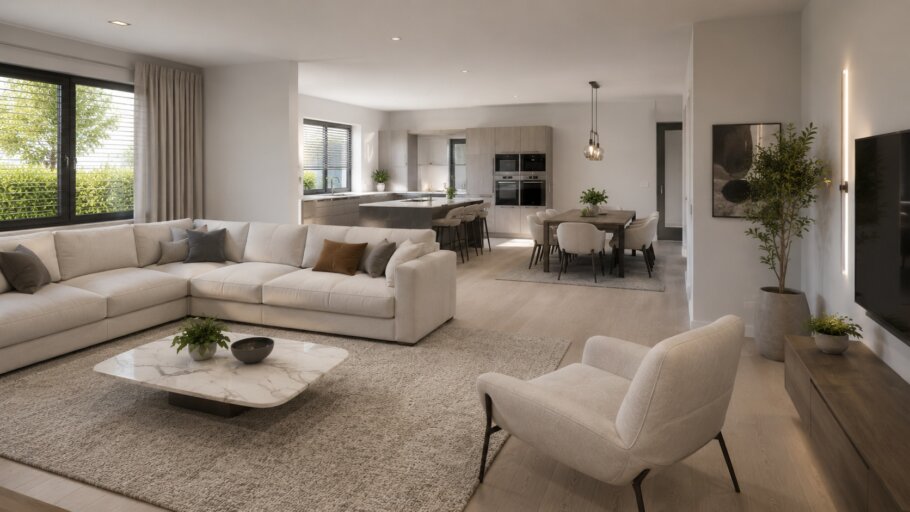 Modern interieur van een gelijkvloerse bungalow met leefkeuken en grote raampartijen