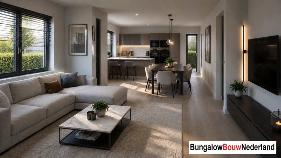 Interieur inspiratie voor bungalow L154 met plat dak en prefab staalframebouw constructie