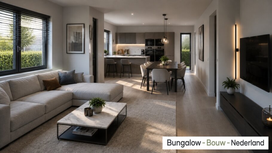 Interieur inspiratie voor bungalow L154 LK met plat dak en prefab staalframebouw constructie