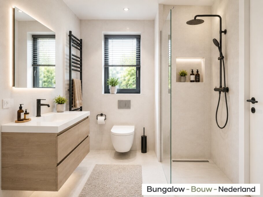 Modern interieur van bungalow L-60 met luxe woonkamer, leefkeuken, badkamer en slaapkamer