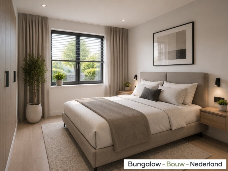 Modern interieur van bungalow L-60 met luxe woonkamer, leefkeuken, badkamer en slaapkamer