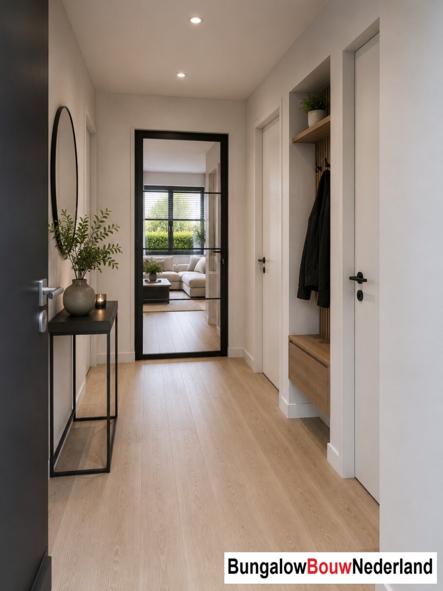 Interieur inspiratie voor bungalow L154 met plat dak en prefab staalframebouw constructie
