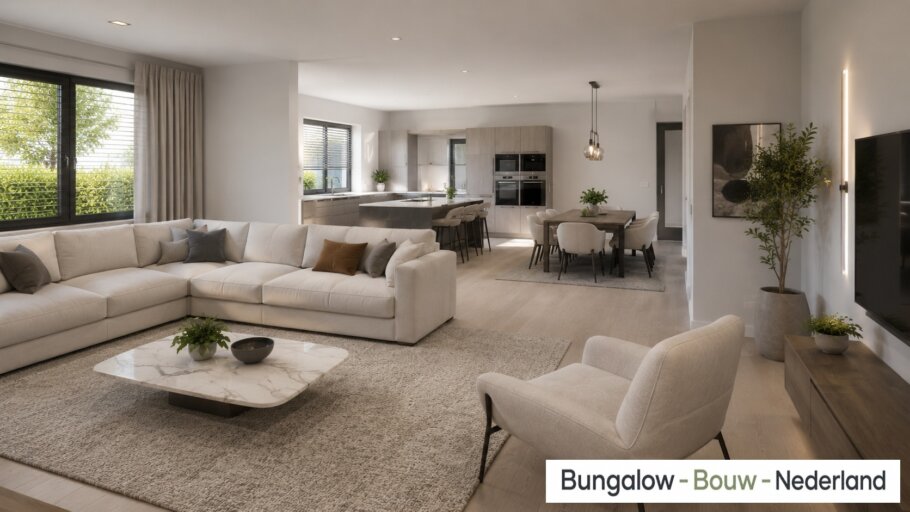 Interieur inspiratie voor bungalow L154 LK met plat dak en prefab staalframebouw constructie
