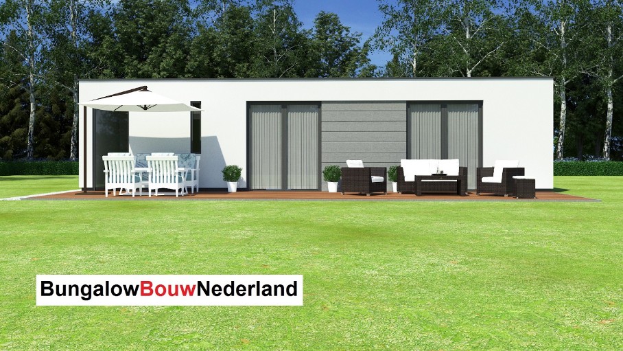 Kleine vrijstaande bungalow met plat dak 2 slaapkamers type L154 ATLANTA MBS Steelframe staalframe