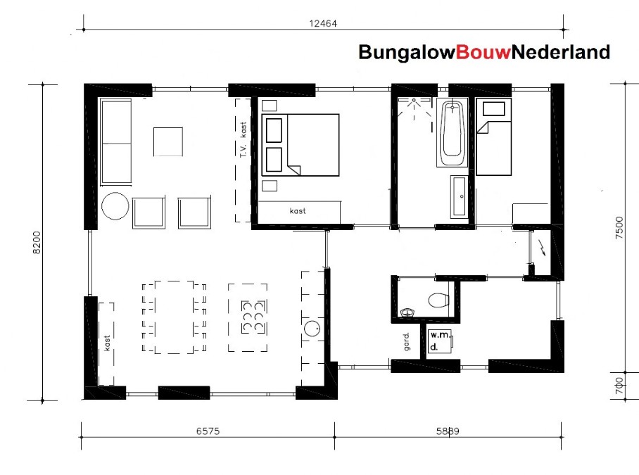 Kleine vrijstaande bungalow met plat dak 2 slaapkamers type L154 ATLANTA MBS Steelframe staalframe