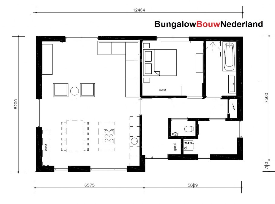 Kleine vrijstaande bungalow met plat dak 2 slaapkamers type L154 ATLANTA MBS Steelframe staalframe