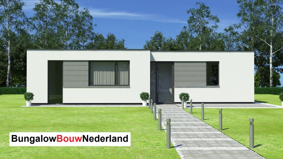 Kleine vrijstaande bungalow met plat dak 2 slaapkamers type L154 Steelframe staalframebouw