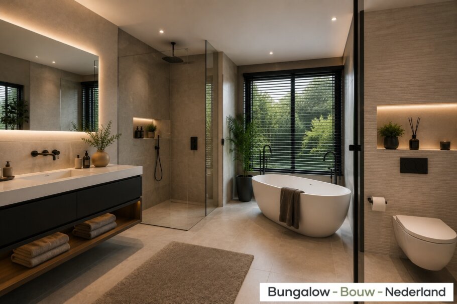 Modern interieur van gelijkvloerse woning A-82 met woonkamer, leefkeuken, slaapkamer en grote glaspartijen