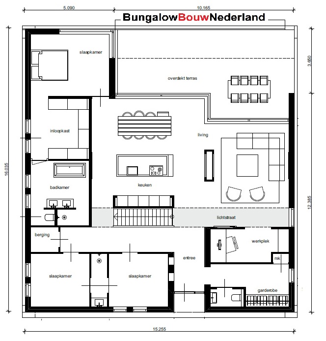 Moderne bungalow met overdekt terras levensloopbestendig plattegrond indeling type L42