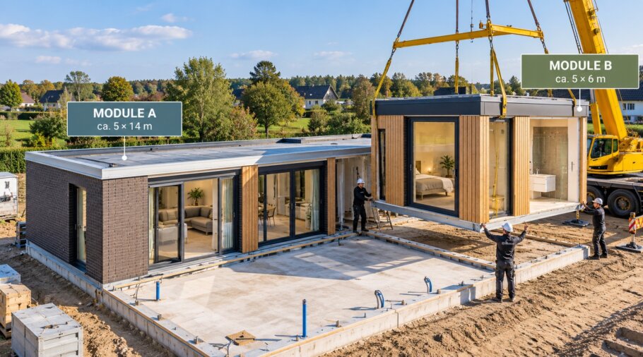 Prefab woningmodule wordt met een kraan geplaatst en gekoppeld aan een L-vormige modulaire woning