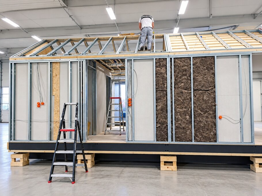 Modulaire prefab staalframewoning tijdens de afbouw in de fabriek