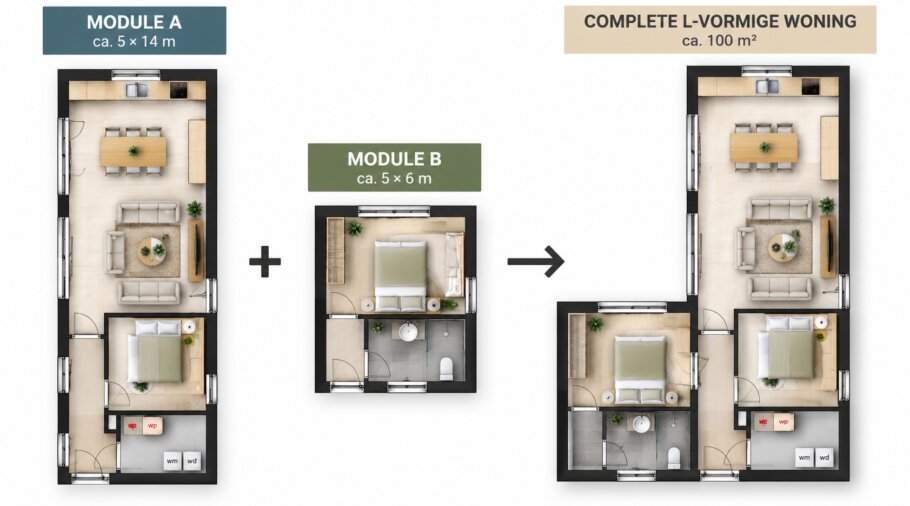 Voorbeeldplattegrond L-vormige prefab mantelzorgwoning met flexibele ruimte-indeling