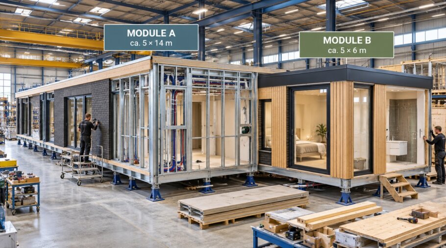 Twee prefab woningmodules voor een L-vormige woning in productie in de fabriek