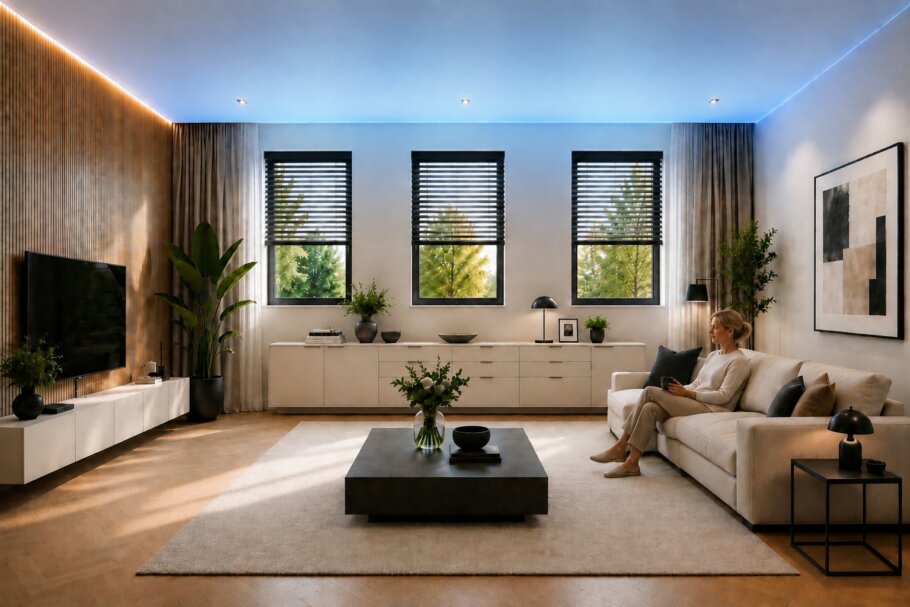Moderne levensloopbestendige bungalow type L-27 met plat dak, hoge woonkamer en grote glazen gevels