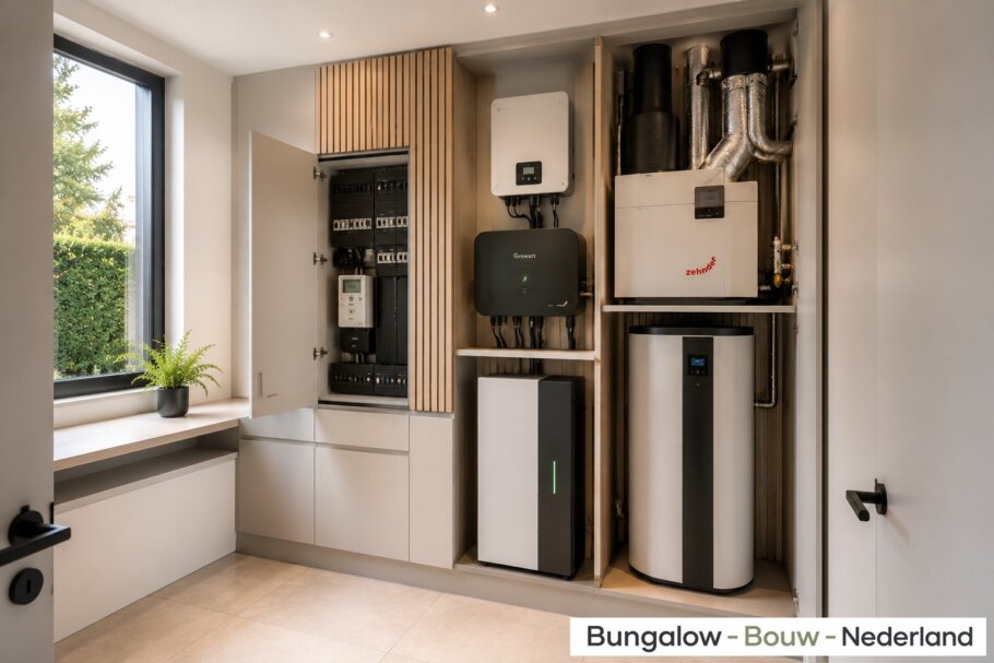 Modern interieur van gelijkvloerse woning A-82 met woonkamer, leefkeuken, slaapkamer en grote glaspartijen