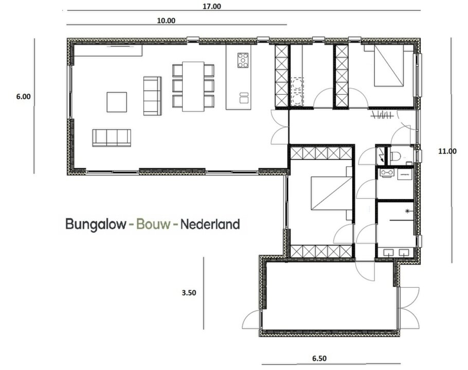 plattegrond levensloopbestendige bungalow L-178 met plat dak en garage