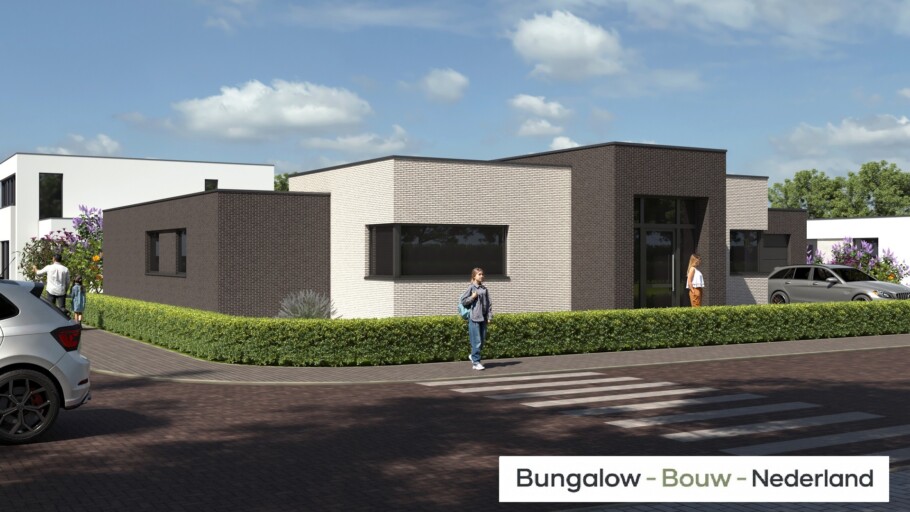 Moderne levensloopbestendige bungalow type A-192 met plat dak van BungalowBouw Nederland, gebouwd met een energiezuinige en circulaire bouwmethode.