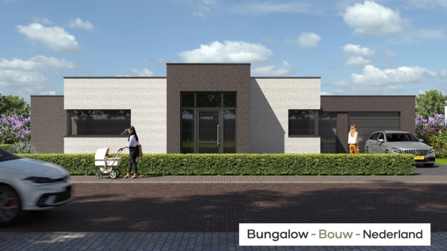 Moderne levensloopbestendige bungalow type A-192 met plat dak van BungalowBouw Nederland, gebouwd met een energiezuinige en circulaire bouwmethode.