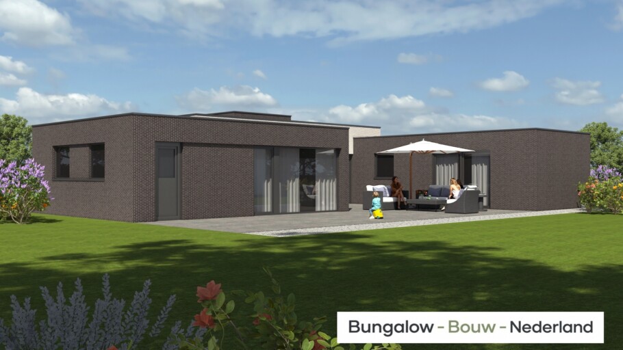 Moderne levensloopbestendige bungalow type A-192 met plat dak van BungalowBouw Nederland, gebouwd met een energiezuinige en circulaire bouwmethode.