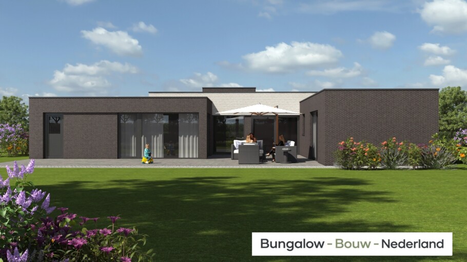 Moderne levensloopbestendige bungalow type A-192 met plat dak van BungalowBouw Nederland, gebouwd met een energiezuinige en circulaire bouwmethode.