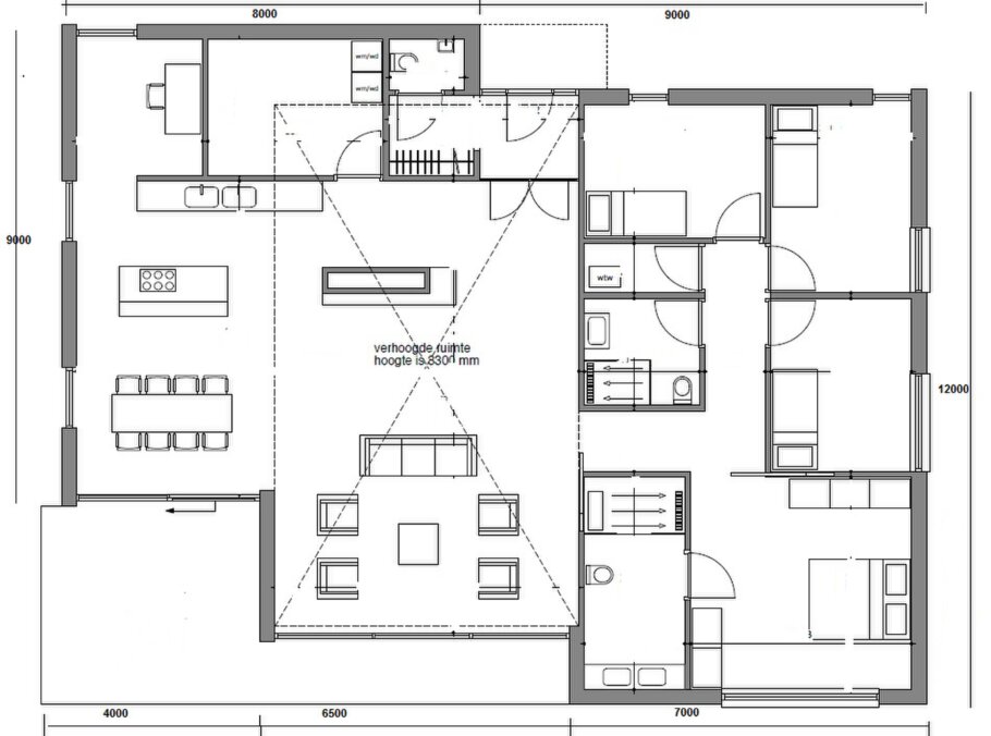 Plattegrond moderne gelijkvloerse bungalow L-100-v1
