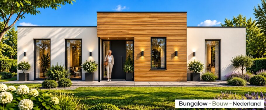 Interieurimpressie van de lichte woonkamer en open keuken in bungalow L-41.