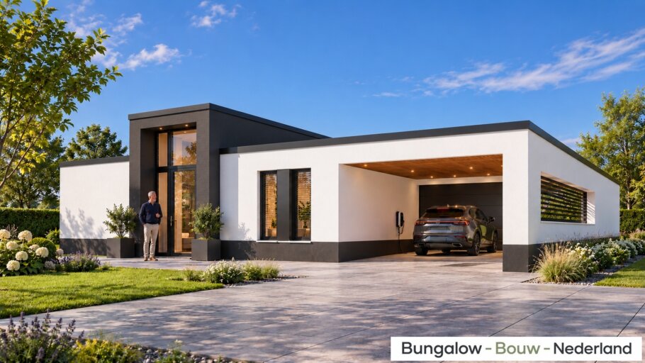 Moderne gelijkvloerse bungalow L-39 met plat dak, hoge entree en geïntegreerde carport