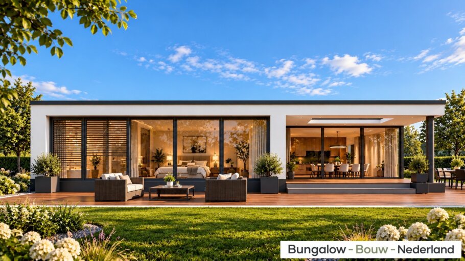 Moderne gelijkvloerse bungalow L-39 met plat dak, hoge entree en geïntegreerde carport