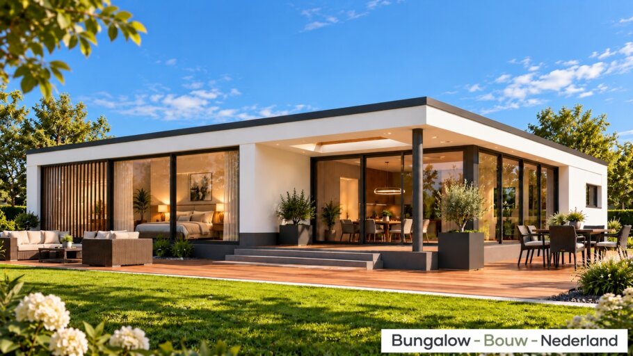 Moderne gelijkvloerse bungalow L-39 met plat dak, hoge entree en geïntegreerde carport
